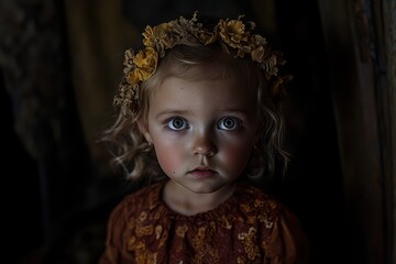 Fototapeta premium A young girl with striking blue eyes wears a floral crown and gazes quietly in a softly lit space