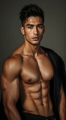 Fototapeta premium Muscular Athletic Male Model Fitness Portrait Dramatic Lighting Fitness Physique Strong Masculine Wellness Body Transformation Aesthetic Fitness