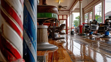 Vintage Barbershop Interior with Wooden Floor and Classic Chairs