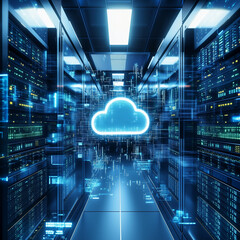 Futuristic server room displays modern digital tech. Cloud tech icon glows in data center. Modern tech equipment. Hybrid cloud network. Serverless architecture. Advanced computer system