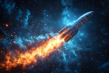 Futuristic Spaceship Launching Through Cosmic Nebula Sci-Fi Rocket Artwork