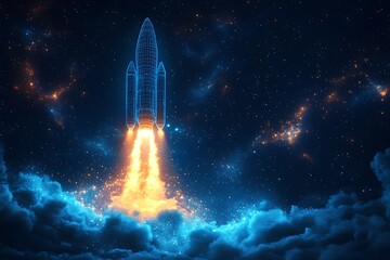 Futuristic Wireframe Rocket Launching Through Nebula Cloudscape at Night