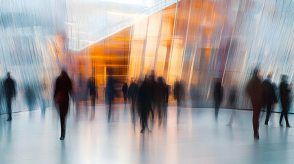 Contemporary art space lobby with motion-blurred figures