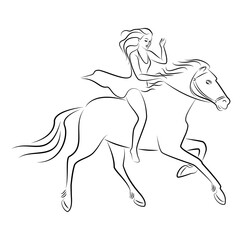 Silhouette of a woman in a stylish horse. The girl is slender and beautiful rider. Lady for aesthetic decor, posters, stickers, logo. Vector illustration.