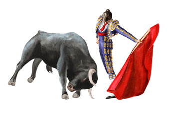 Bullfighting, typical Spanish tradition, bullfighter, bullfighter or matador fights a bull. Watercolor real hand drawn illustration, isolated on white background