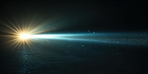Bright light beams illuminating a dark space with particle effects in motion at a nighttime setting