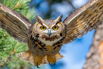 Obraz premium A majestic owl landing on a tree branch, its wings fully extended