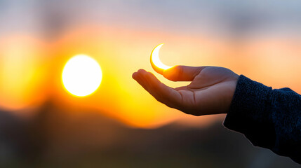 Hand holding crescent sun during sunset over hills; nature, spirituality, hope concept; ideal for websites, social media, and blogs