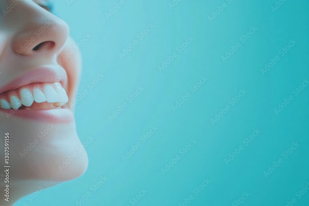 Poster close up of a cheerful smile with bright white teeth set against a soft pastel blue background gener
