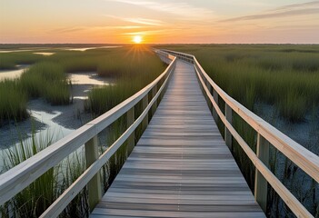 Naklejka premium Sunset boardwalk winds through coastal marsh, blending nature and tranquility