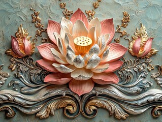 Elegant Pink And White Lotus Flower Sculpture, Luxurious Decorative Art Piece With Intricate Detailing, Symbolizing Serenity And Tranquility In A Beautiful Space
