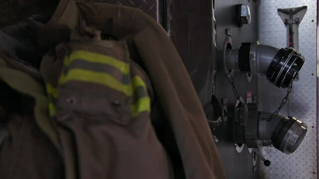 Firefighter uniform draped over the side of a fire engine