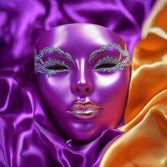 elegant purple mask on the purple and orange shining silk