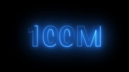 Animated of "100M" blue neon line text. Follower, Subscribers, view of video animation symbol. achievement in "100M" Congratulating networking thanks. on a black background