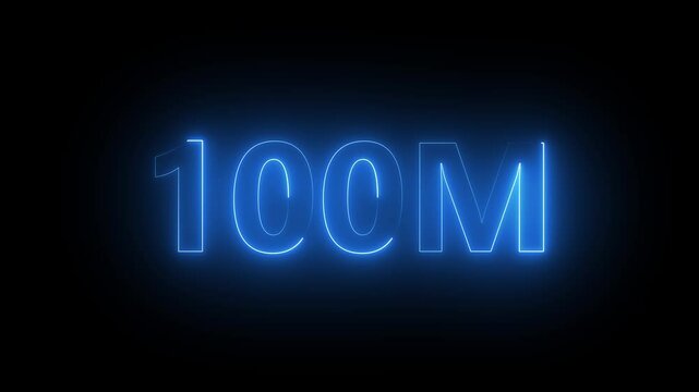 Animated of "100M" blue neon line text. Follower, Subscribers, view of video animation symbol. achievement in "100M" Congratulating networking thanks. on a black background