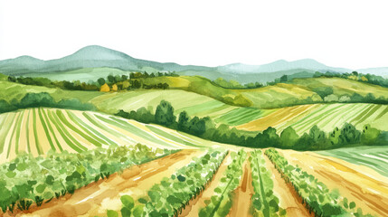 Farm landscape watercolor garden idyllic golden hour agricultural field green rolling hills garden rows wholesome farm concept storybook illustration positive emotion background wallpaper	+ copy space