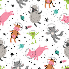 Kids space pattern.Animals in space.Seamless pattern,Flat vector illustration in cartoon style