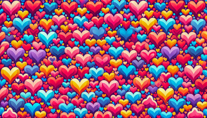 Colorful hearts create a vibrant pattern celebrating love and affection in a playful design