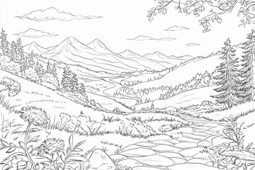 Fototapeta premium Blank coloring page of expansive natural scenery featuring alpine meadows, winding river, and intricate forest details