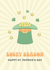 Leprechaun hat full of gold coins.  St Patrick's Day greeting card, poster in groovy retro style.