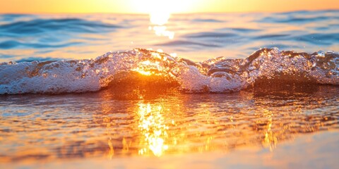 Tranquil Sunset Seascape Vibrant Ocean Waves on Sandy Shore - Visual Content for Destination Wellness and Digital Escape Marketing