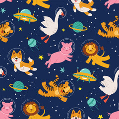 Kids space pattern.Animals in space.Seamless pattern,Flat vector illustration in cartoon style