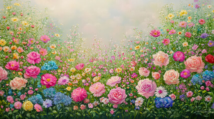 Obraz premium Vibrant flower garden filled with a variety of blooms under a soft sky at dawn