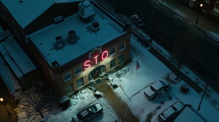 Vintage Neon Sign Illuminates Studio Exterior at Night Scene