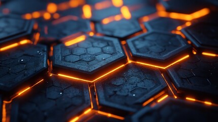 Fototapeta premium Glowing orange hexagons powerfully arranged dark metallic surface. AI Generated