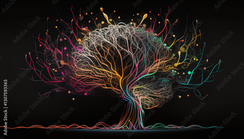 Poster Creative representation of a colorful tree with intricate branches and vibrant details against a dark background