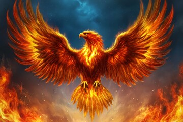 Obraz premium A mythical fire eagle with glowing golden wings, soaring through a mystical sky