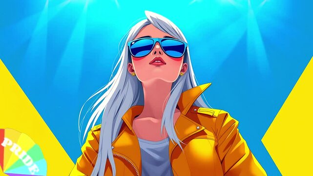 Stylish woman with long white hair, wearing yellow jacket and blue sunglasses, against vibrant yellow and blue background.Seamless looping time lapse animation video background, lo-fi art.