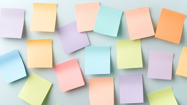 Colorful sticky notes scattered on a white surface, ideal for reminders and brainstorming ideas in a creative workspace.