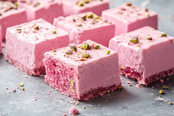 Pink pistachio cake dessert - handmade Belgian chocolate and Turkish Pismani candies, close-up of gourmet sweets, upscale artisan confections for special occasions
