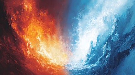 Fototapeta premium A digital artwork depicting the merging of fire and ice elements, with red-orange flames and a blue icy mist.