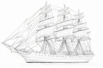 Blank coloring page of vintage sailing ship with elaborate rigging and detailed nautical elements