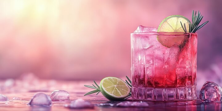 Refreshing cocktail with lime and rosemary served on a bar counter during sunset