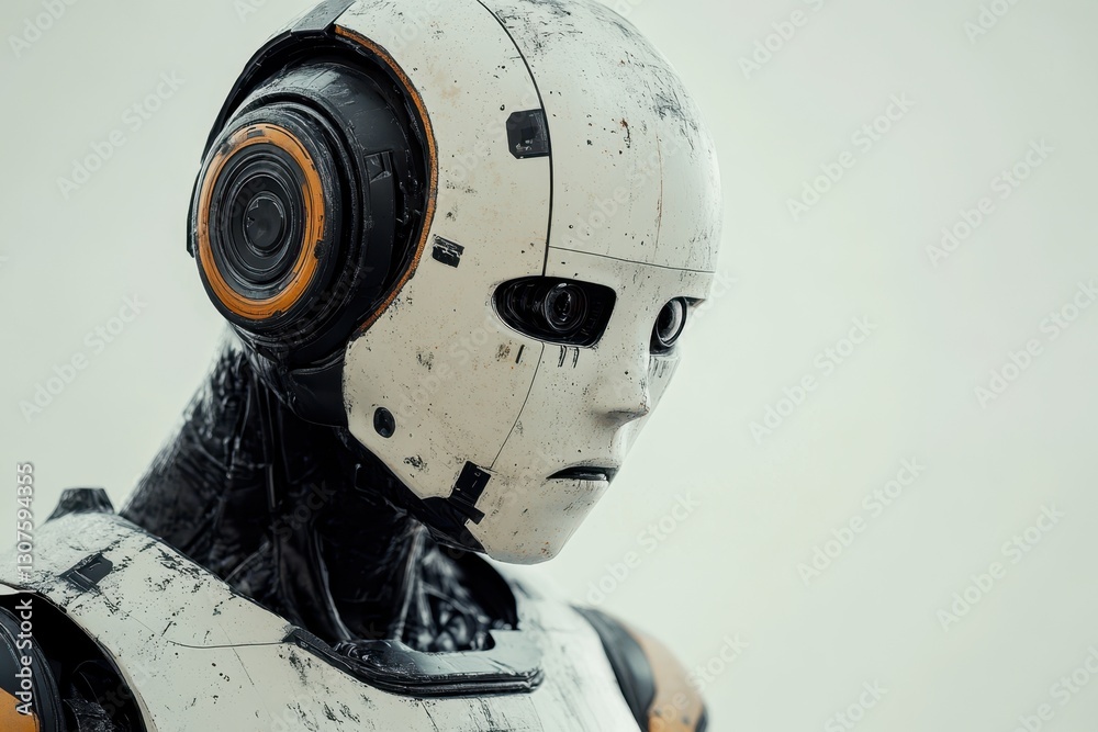 Poster robot with unique design showcasing intricate details and lifelike features in close-up view