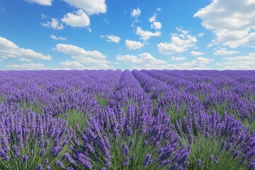 Naklejka premium Lavender fields stretch under a bright blue sky on a sunny day in summer