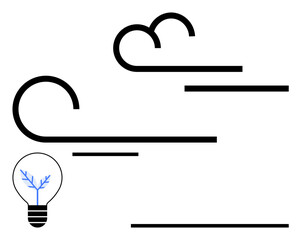 Lightbulb with branching pattern paired with flowing wind lines suggests innovation, sustainability, and energy dynamics. Ideal for environment, renewable energy, innovation, creativity, clean
