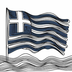 Continuous one-line drawing of the Greece flag waving, abstract lines forming the striped pattern.