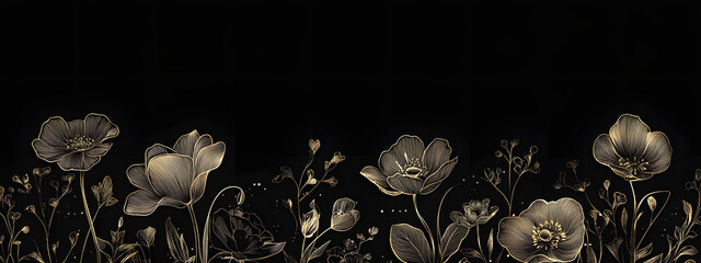 A golden line drawing of flowers on a black background

