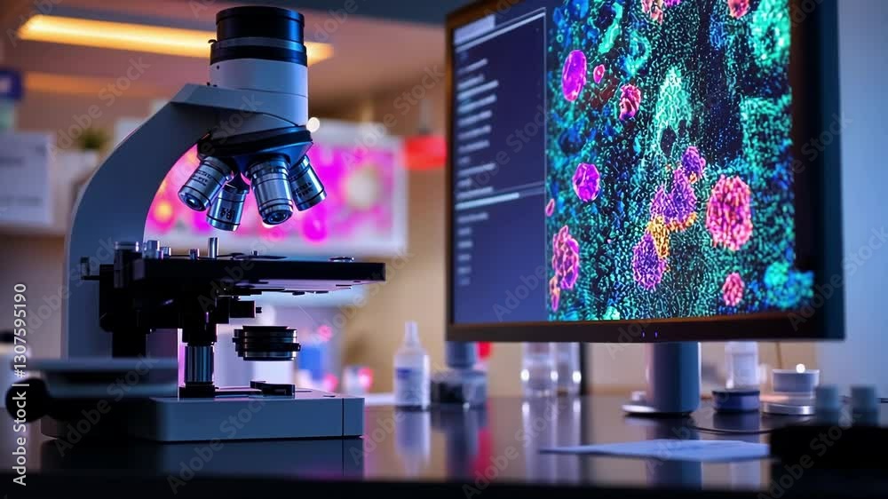 Aufkleber laboratory setting featuring a microscope and a computer screen displaying colorful microscopic imag