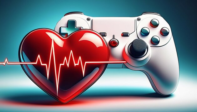 a white gaming controller and a glossy red heart connected by an electrocardiogram ecg heartbeat line created with generative ai