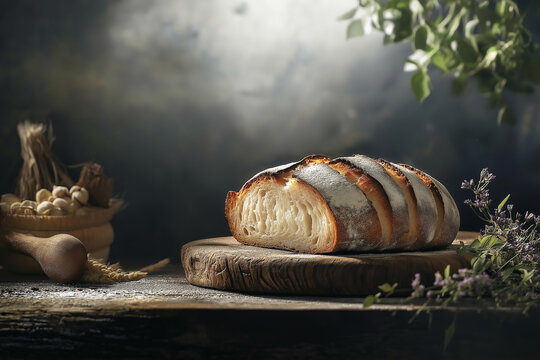National Sourdough Day: Sliced Sourdough Loaf, Wooden Board, Wheat, Grains, Rustic Setting, Freshness, Nutrition, Baking, Tradition, Organic Warmth