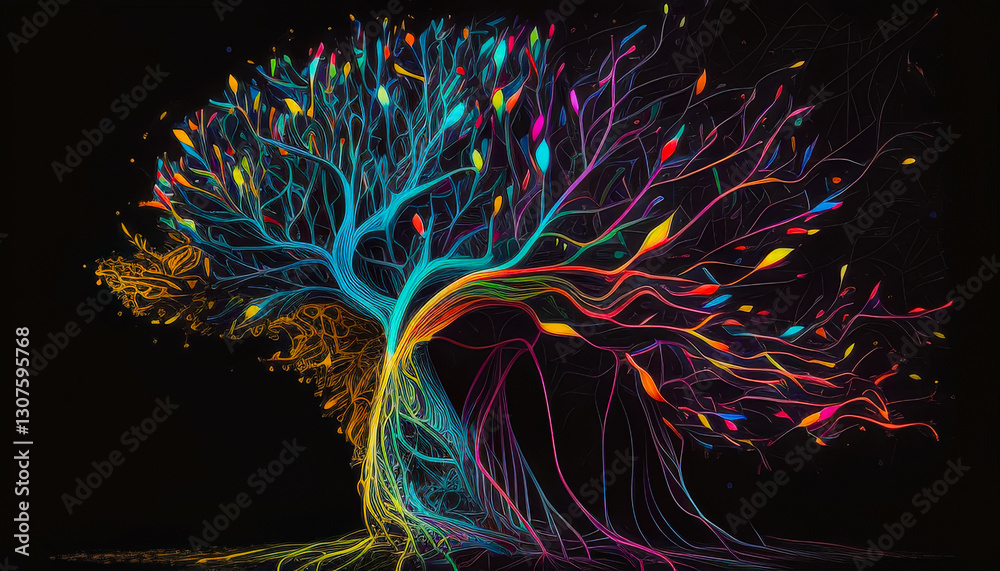 Poster Vibrant artistic representation of a tree with colorful branches and leaves set against a dark background