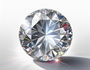 sparkling light round brilliant cut diamond with shadow and glowing lens flares 3d rendering illustration isolated on white background