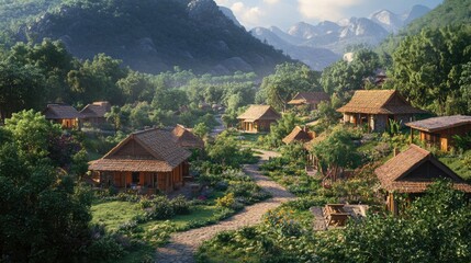 Mountain village surrounded by trees