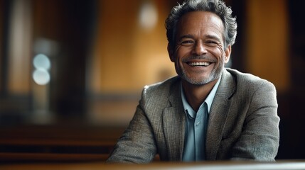 Obraz premium An older man beams with a warm smile in a softly lit environment, conveying wisdom, happiness, and joy while creating a sense of connection and tranquility.