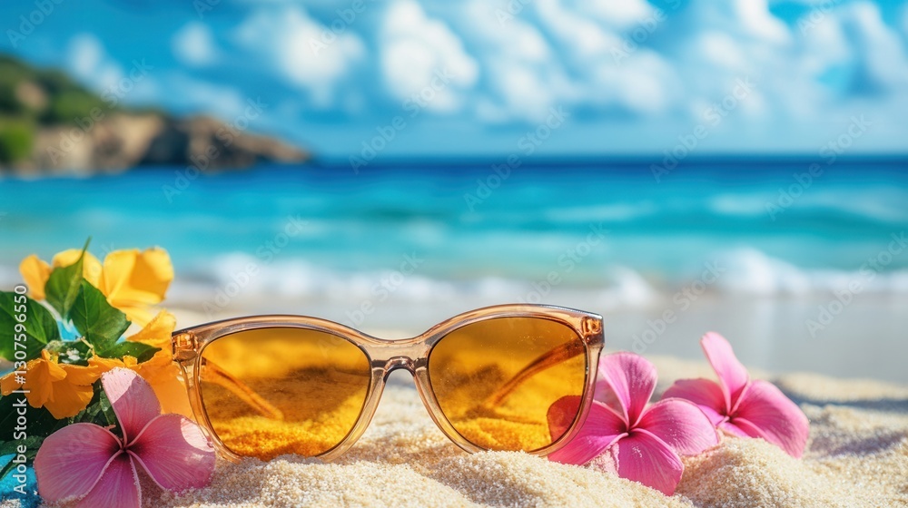 Aufkleber sunglasses resting on sandy beach with tropical flowers and ocean waves in the background during sun